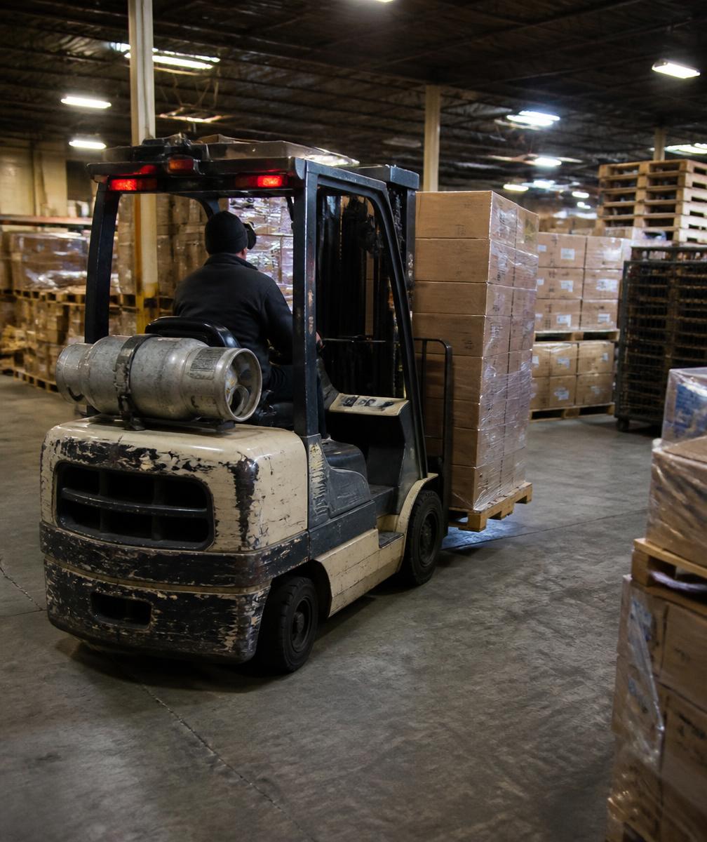 Propane-powered forklift moving pallets inside a warehouse