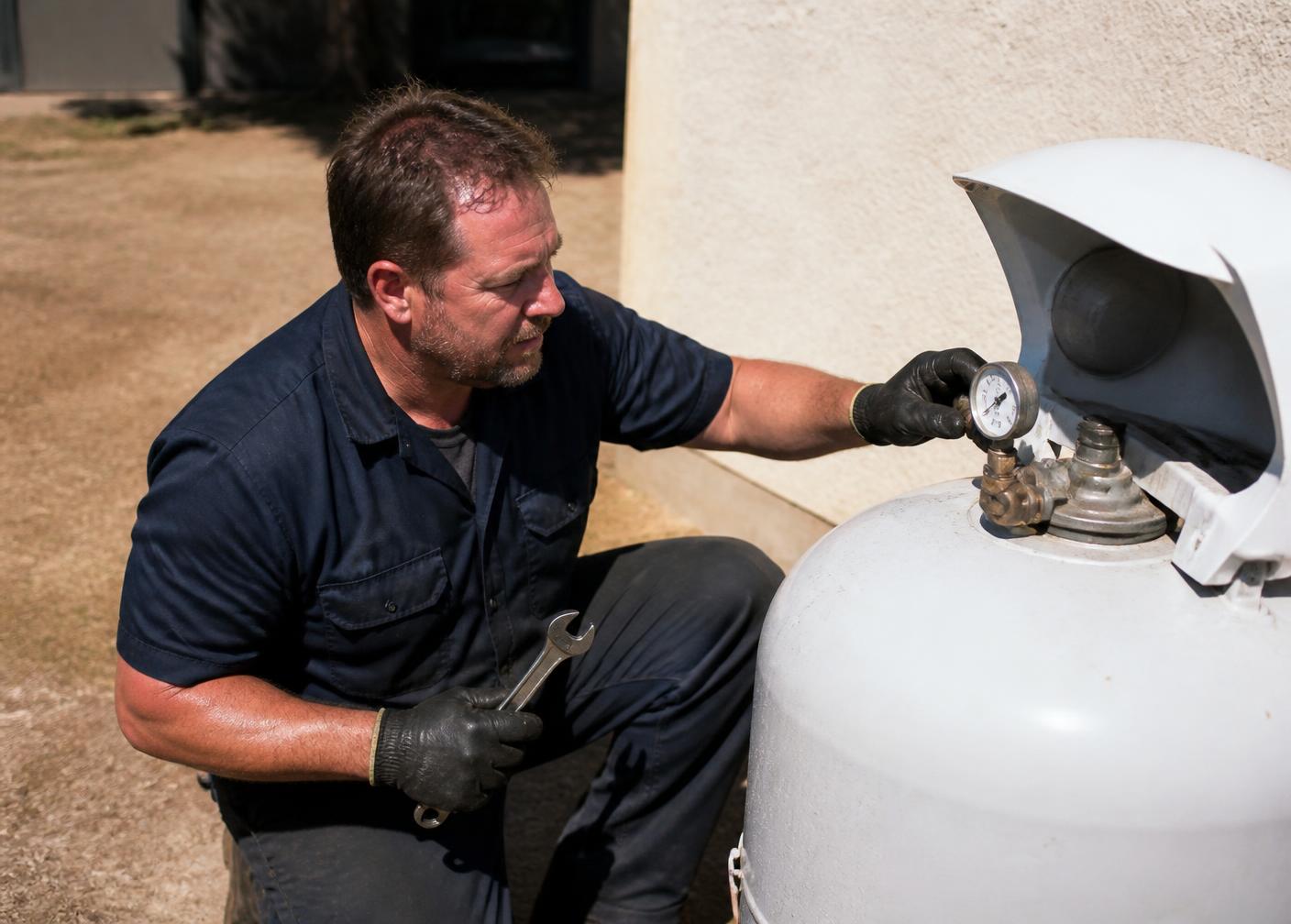 United Propane technician checking the regulator on a propane tank